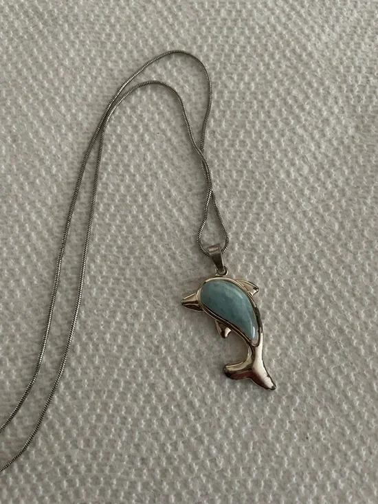 Silver Dolphin Pendant Necklace with Turquoise Inlay - Picture 4 of 5